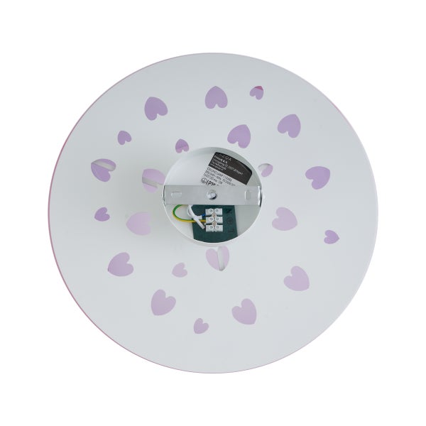 Rückansicht einer runden weißen Deckenleuchte mit lila Herzmuster, Montagebügel und Kabelanschluss.