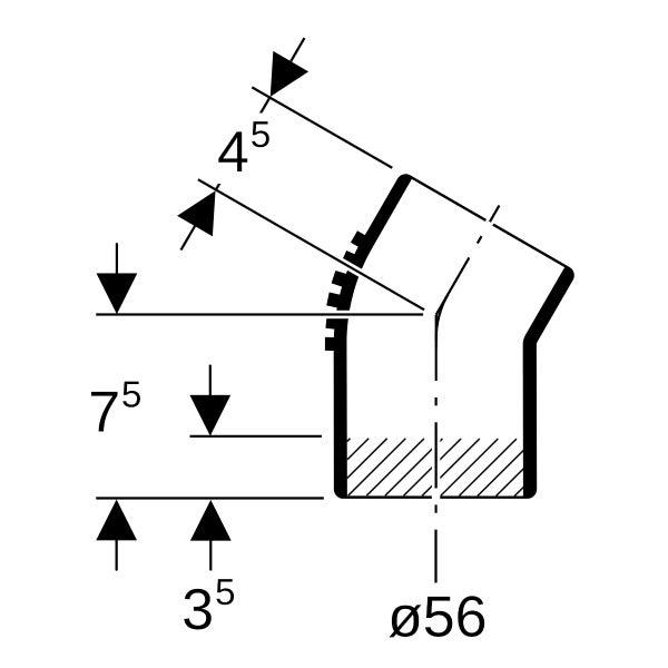 Technische Zeichnung eines abgewinkelten Rohrfittings mit Maßangaben für Durchmesser 56 Millimeter, Höhe und Winkel.
