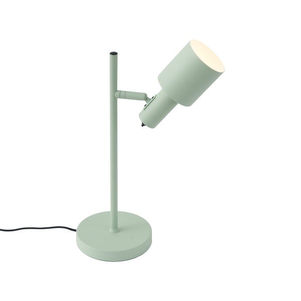 Tischleuchte aus Metall in Mintgrün mit verstellbarem, zylinderförmigem Schirm und rundem Fuß.