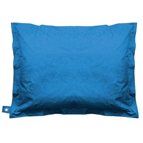 Blaues rechteckiges Sitzkissen mit Stehsaum und einer Metallöse an der Seite.