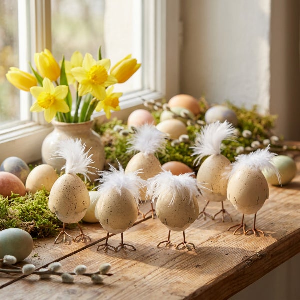 Osterdekoration mit Eierfiguren als Küken mit Federn, auf einem Holztisch arrangiert mit Frühlingsblumen und Ostereiern.