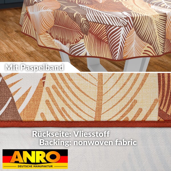 Tischdecke mit Blätterdruck und Paspelband sowie Vliesstoff Rückseite