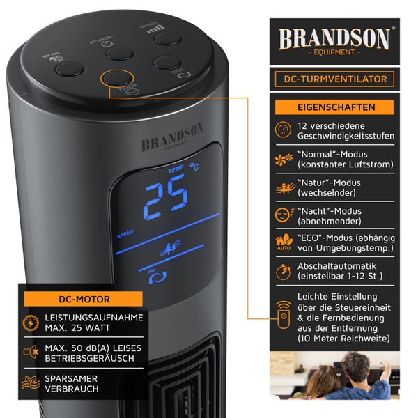 Brandson Turmventilator mit DC-Motor & Fernbedienung, Ventilator, 12 Geschwindigkeiten, ECO Modus, Standventilator mit Timerfunktion, 4 Betriebsmodi