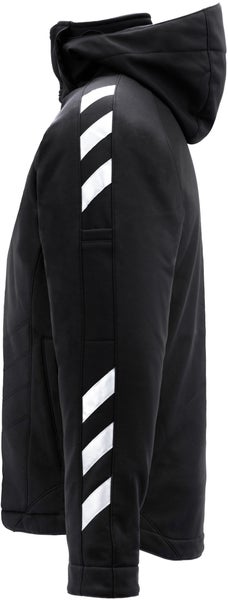 Schwarze Arbeitsjacke mit Kapuze und reflektierenden Streifen am Ärmel in der Seitenansicht.