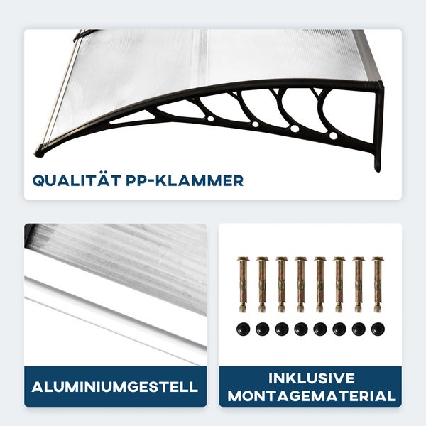 Outsunny Vordach für Haustür Überdachung 90 x 295 cm, Pultbogenvordach mit UV-Schutz, Haustürdach Sonnenschutz aus Polycarbonat Regenschutz für Outdoor, Weiß