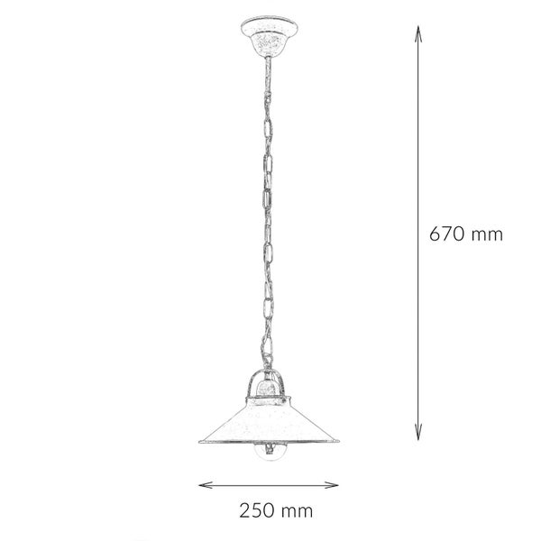 Technische Zeichnung einer Pendelleuchte mit Kettenaufhängung, Durchmesser 250 mm, Länge 670 mm