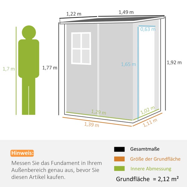 Maßzeichnung eines Gerätehauses mit Größenangaben zu Gesamtabmessungen, Grundfläche und Innenabmessung