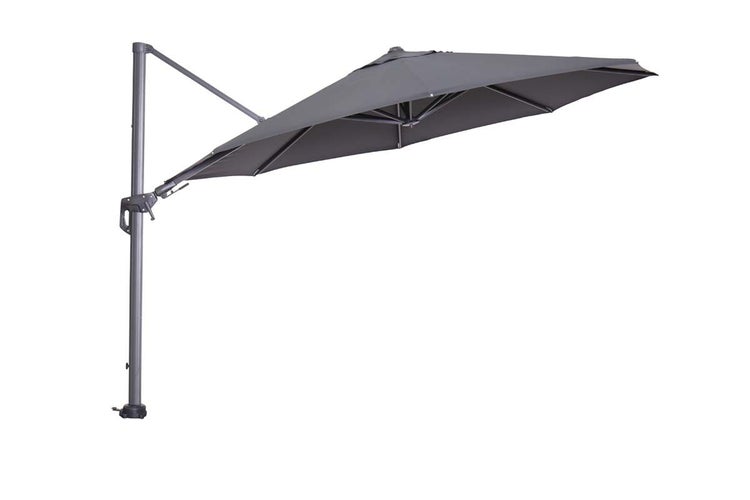 Anthrazitfarbener Ampelschirm mit Aluminiumgestell und quadratischem Schirmdach.