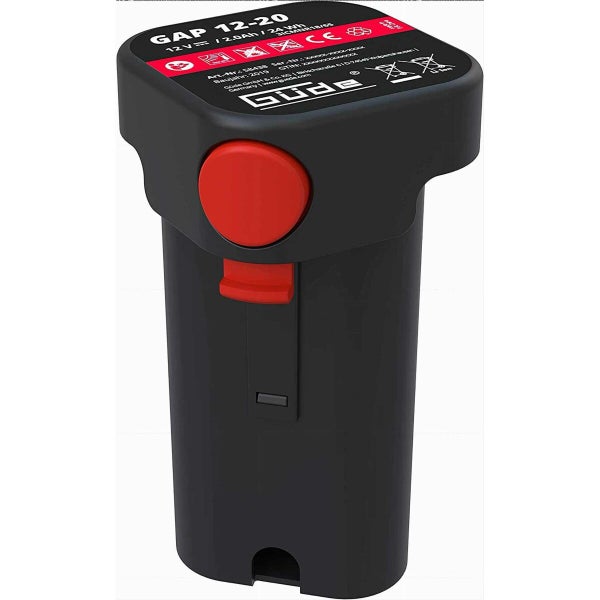 Schwarzer Güde Akku GAP 12-20, 12 Volt, 2,0 Amperestunden, Lithium-Ionen-Technologie.