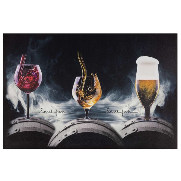 Wandbild Leinwand mit drei Fässern und Gläsern für Wein, Whiskey und Bier sowie dem Schriftzug have fun.