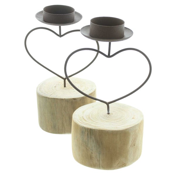 FRANK FLECHTWAREN | Teelichthalter Rostherz, 2er Set, METALL, HOLZ, ca. 9 x 8,5 x 18 cm