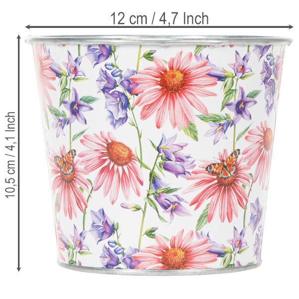 Blumentopf aus Metall mit Blumenmuster und Schmetterlingen, Durchmesser 12 Zentimeter, Höhe 10,5 Zentimeter.
