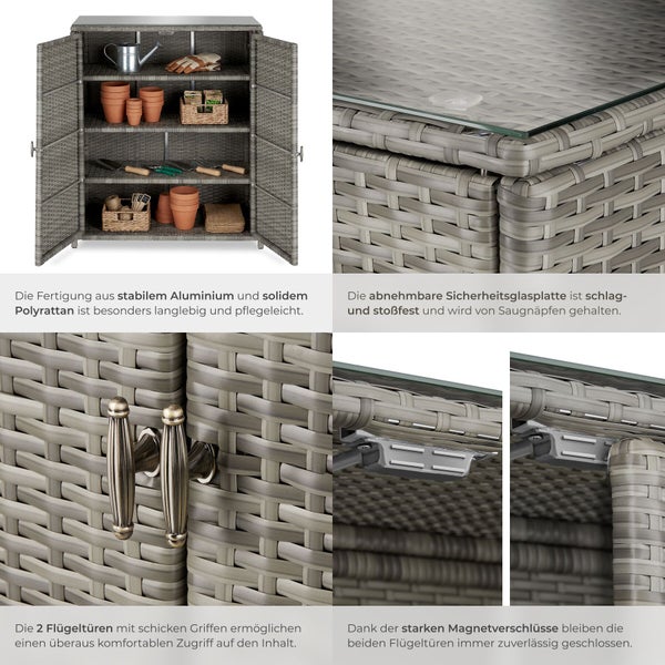 Gartenschrank aus Polyrattan und Aluminium mit zwei Flügeltüren, Einlegeböden, Sicherheitsglasplatte und Magnetverschluss.