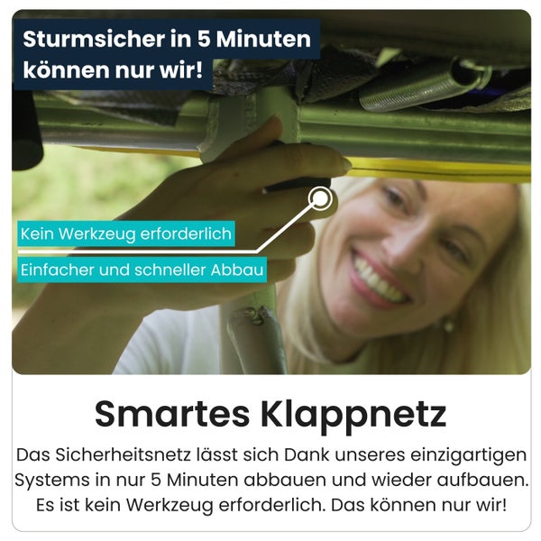 Abbildung eines Sicherheitsnetzes für Trampoline, welches einfach und schnell ohne Werkzeug abgebaut werden kann