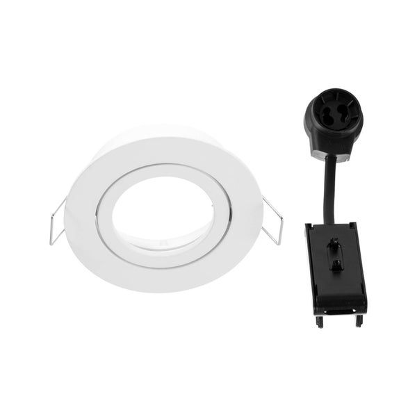 Weißer runder Einbaustrahler inklusive GU10 Fassung, Kabel, Anschlussbox und seitlichen Befestigungsfedern.
