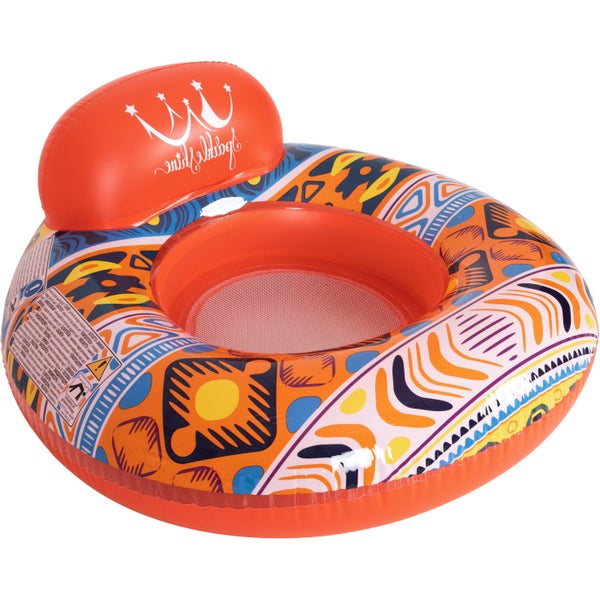 Aufblasbarer Babyschwimmring mit Rückenlehne und Netzsitz, bunt gemustert.