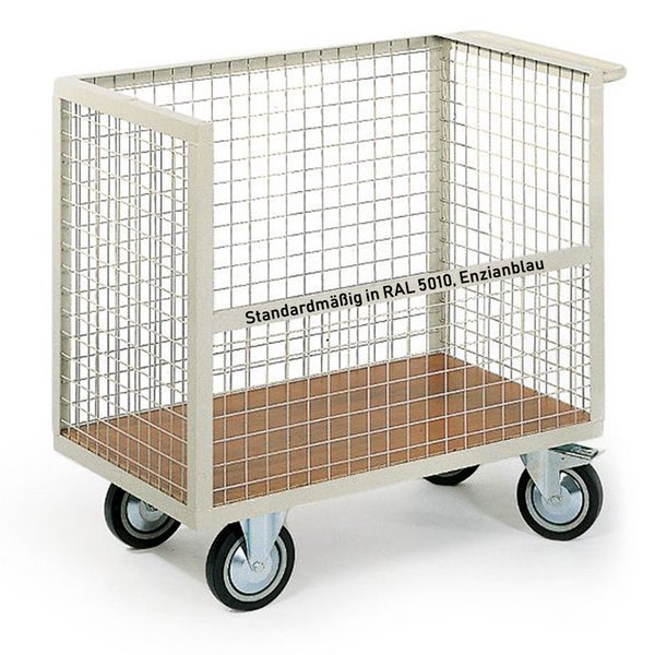 Gitterwagen mit Holzboden und Rädern für den Transport