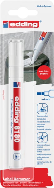 Edding 8180 Etikettenlöser Stift zur Entfernung von Aufklebern und Kleberesten, Strichbreite circa 4 Millimeter, in Blisterverpackung.