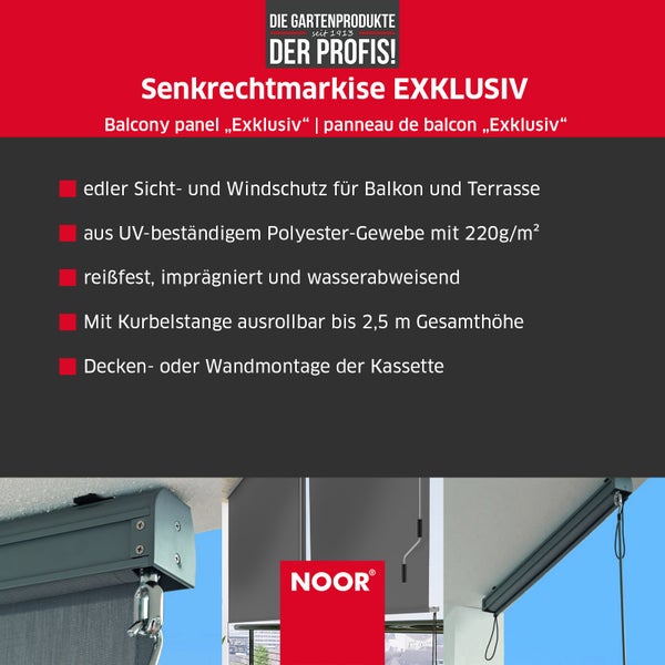 Senkrechtmarkise EXKLUSIV - 150x250 cm - Anthrazit - blickdichter Senkrechtrollo - Sichtschutz Windschutz für Balkon Terrasse - Markise inkl. Befestigung & Kurbel
