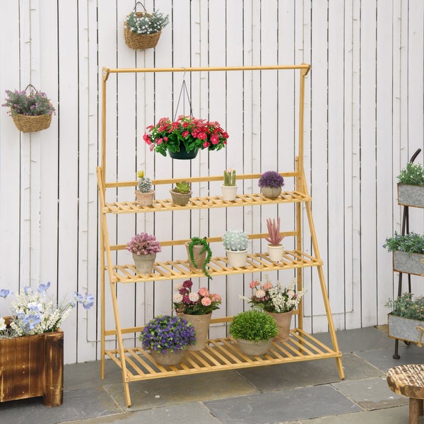 Outsunny Blumentreppe aus Holz Pflanzenständer Leiterregal einstellbare Hängehöhe Blumenständer hängende Bamboo Natur innen draußen 100 x 40 x 143 cm