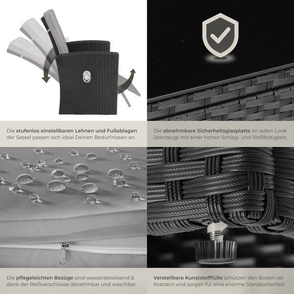 Rattan Lounge tectake Bari mit Sicherheitsglasplatte und Schraubfüßen mit Aluminiumgestell schwarz