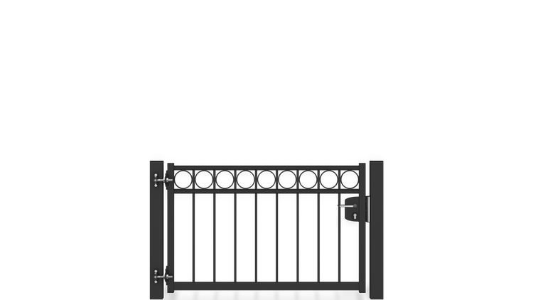 Gartentor ZAUNGURU BASIC-Linie Oldenburg Kreis aus Metall, Höhe: 83cm, Breite: 150cm, 1-flügelig inkl. Pfosten, Schloss und Zubehör, Feuerverzinkt und in RAL 7016 Anthrazitgrau pulverbeschichtet