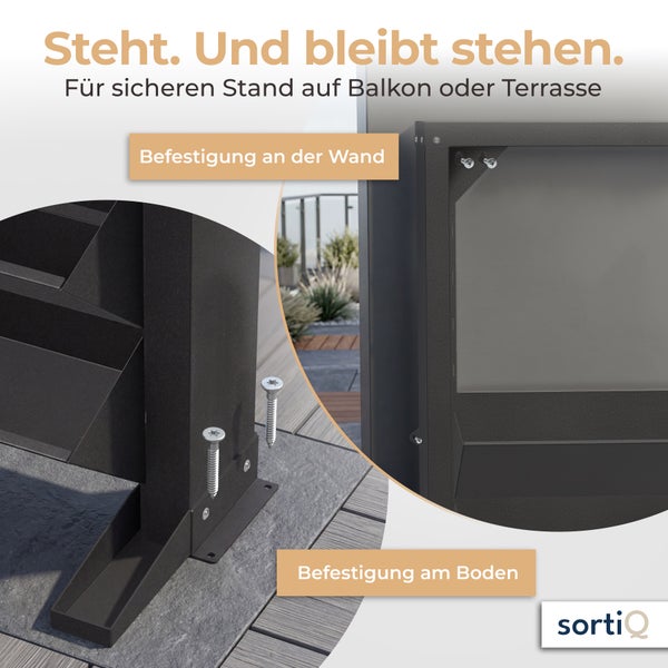 Befestigungsmöglichkeiten für Metallregal auf Balkon oder Terrasse mit Wand und Bodenmontage für sicheren Stand SortiQ Logo