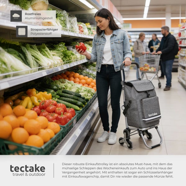Frau mit Einkaufstrolley im Supermarkt vor Gemüseregal mit rostfreiem Aluminiumgestell und strapazierfähigem Polyesterstoff, Tectake Logo