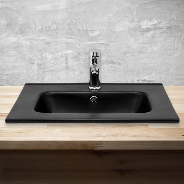 ML-Design Waschbecken aus Keramik Schwarz matt 61x16,5x46 cm Eckig, Einbauwaschbecken mit Hahnloch und Überlauf, Aufsatzwaschbecken Einbauwaschtisch Waschschale Handwaschbecken, für das Badezimmer