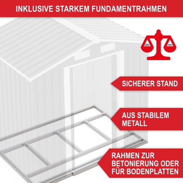 Stabiler Fundamentrahmen aus Metall für Gartenhäuser, geeignet für Beton oder Bodenplatten für einen sicheren Stand.