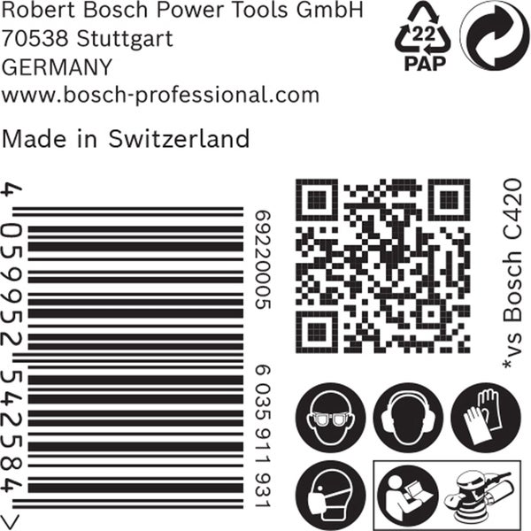 Robert Bosch Power Tools GmbH Logo, Barcode, QR Code, Verpackungshinweise und Sicherheitssymbole