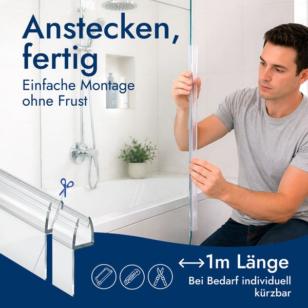 Ein Mann montiert eine transparente Duschdichtung an einer Glaswand. Die 1 Meter lange Dichtung kann individuell gekürzt werden.