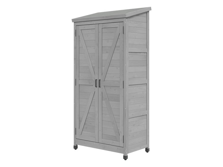 Gartenschrank aus Holz mit Pultdach und Doppeltür im X-Design.