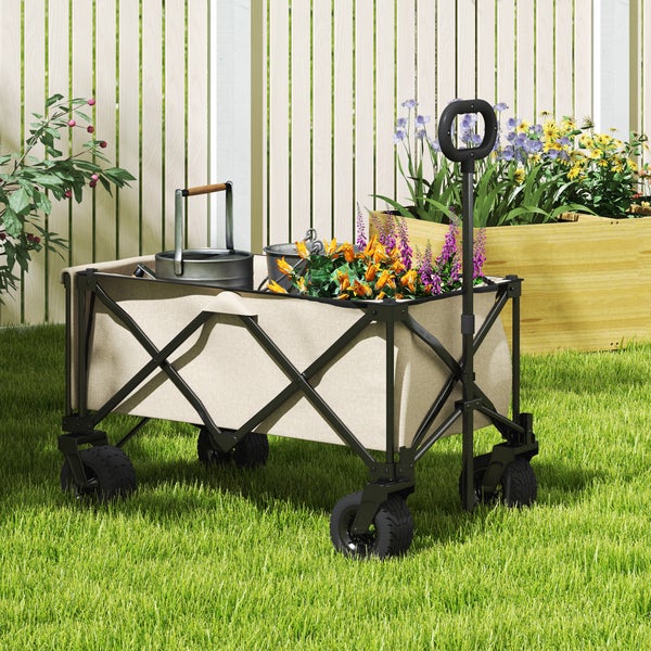 Outsunny Gartenwagen 100 kg belastbar, klappbar Transportwagen mit herausnehmbare Plane, Griff, Rädern, Bollerwagen Handwagen Gartenkarre 138 Liter, Gerätewagen für Haus, Garten Beige