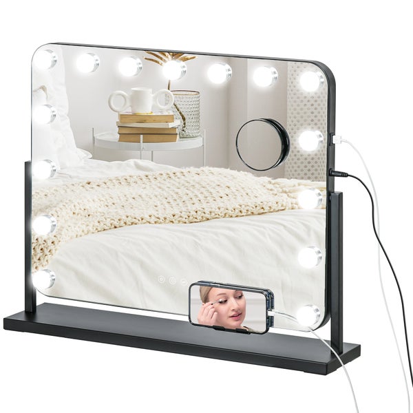 HOMCOM Hollywood Spiegel mit Beleuchtung, Schminkspiegel mit 14 LED Licht, 3 Lichtfarben, Kosmetikspiegel mit 10X Vergrößerung, USB-Ladeanschluss, Handyhalterung und Touchschalter, 360° Drehbar