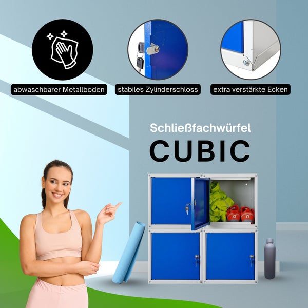 Schließfachwürfel CUBIC aus Metall mit vier Fächern, stabilem Zylinderschloss, abwaschbarem Metallboden und extra verstärkten Ecken.