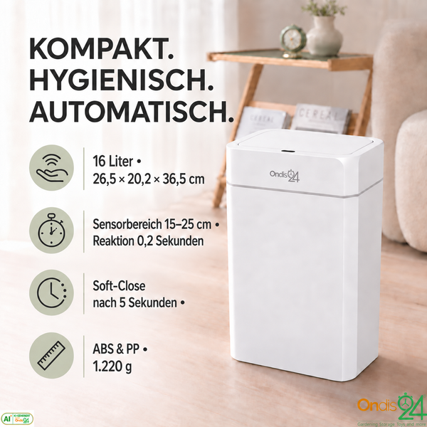 Berührungsloser Ondis24 Sensor Abfalleimer mit automatischer Deckelöffnung durch Handbewegung im Badezimmer.