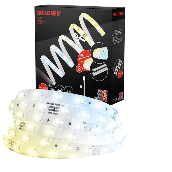 Briloner LED-Streifen Erweiterungsset 4 Meter, maximal 20 Watt, einstellbare Farbtemperatur, kürzbar, inklusive Produktverpackung.