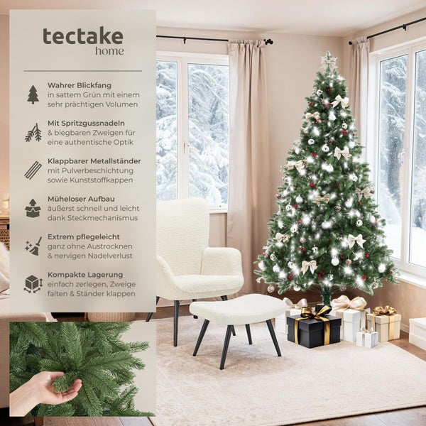 Ein geschmückter künstlicher Weihnachtsbaum von tectake Home steht in einem Wohnzimmer mit Blick auf eine verschneite Winterlandschaft.