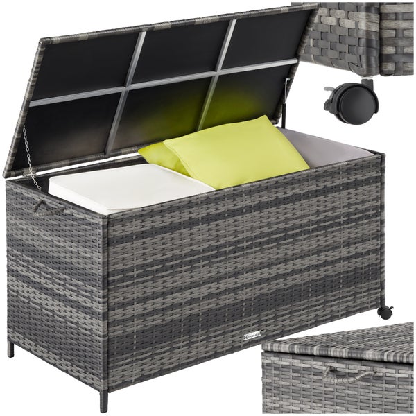 Auflagenbox tectake Kuusamo 117 x 54 x 64 cm mit Aluminiumgestell und Rattangeflecht grau