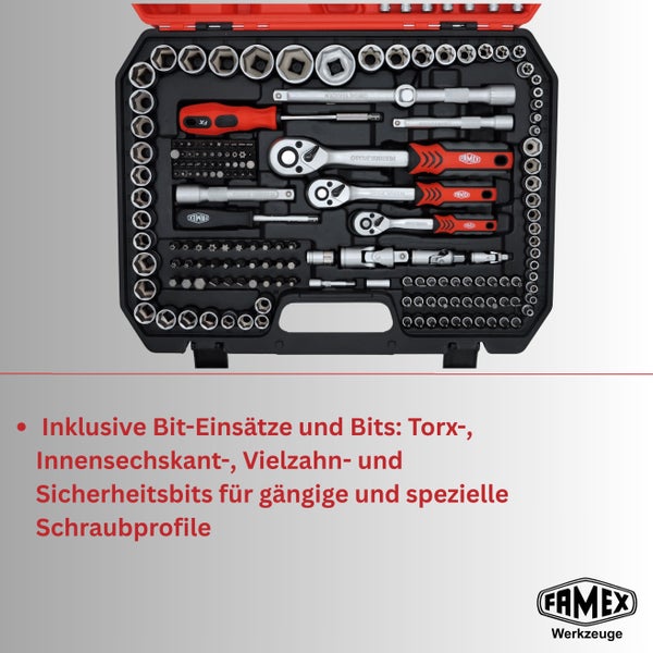 Offener FAMEX Werkzeugkoffer mit Ratschen, Steckschlüsseln, Verlängerungen und verschiedenen Bits aus Chrom-Vanadium. FAMEX Werkzeuge Logo.