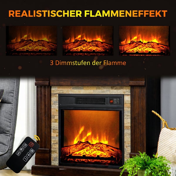 Elektrischer Kamin mit drei einstellbaren Dimmstufen der Flamme, Holzoptik Gehäuse, Steinoptik Verkleidung und Fernbedienung.