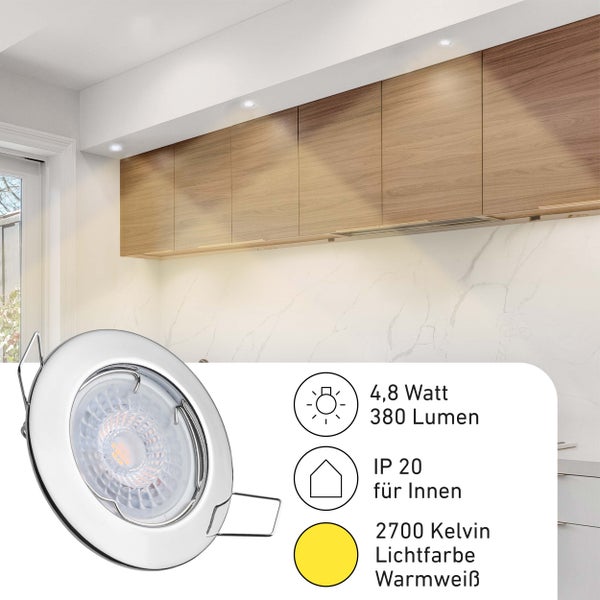 Oktaplex Lighting 6er Set LED Spot Sedan - 3 Stufen dimmbar - 4,8W 2700K 230V 380lm Warmweiß 120° - Deckenspots Chrom Lochmaß 60mm