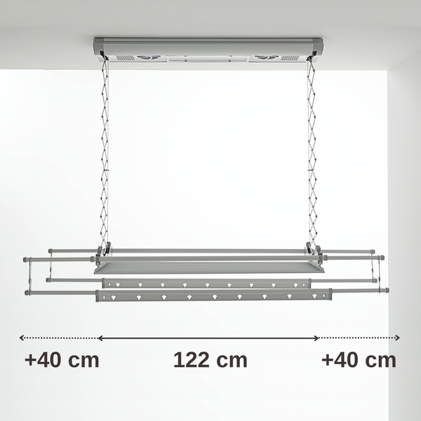Wäscheständer zur Deckenmontage mit einer Länge von 122 cm plus zwei Verlängerungen von je 40 cm.
