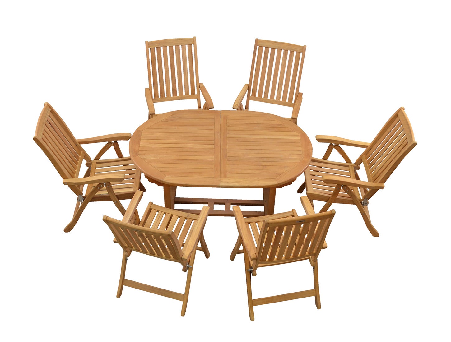 Teak Sitzgruppe 6 Hochlehner klappbar 1 Tisch oval ausziehbar 150 x 100 cm im Set