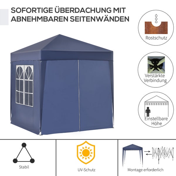 Outsunny Pavillon 2x2m Wasserdicht, Pop-up Faltpavillon mit 4 Seitenwänden, Abflusslöcher Fenster, faltbar Partyzelt UV 30+, Gartenzelt mit Tragetasche, Gartenpavillon für Terrasse, Blau