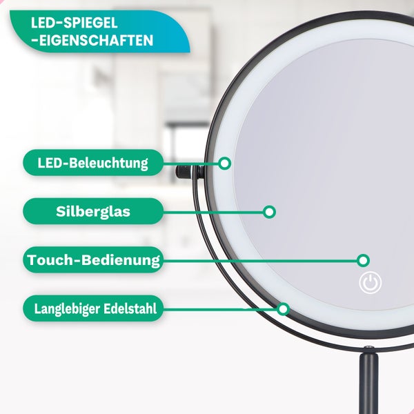 Mirlux Kosmetikspiegel mit LED Beleuchtung 10fache Vergrößerung Rund 3 Lichtstufen Wiederaufladbar  Schwarz