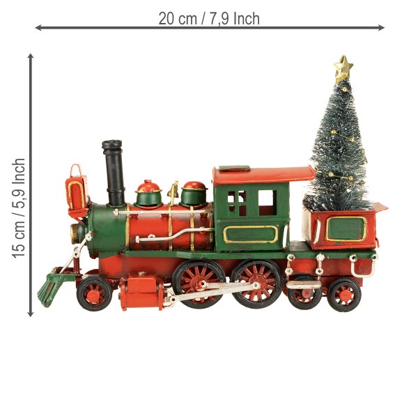 Dekorative Weihnachtseisenbahn mit Christbaum und goldenem Stern, circa 20 cm breit und 15 cm hoch.