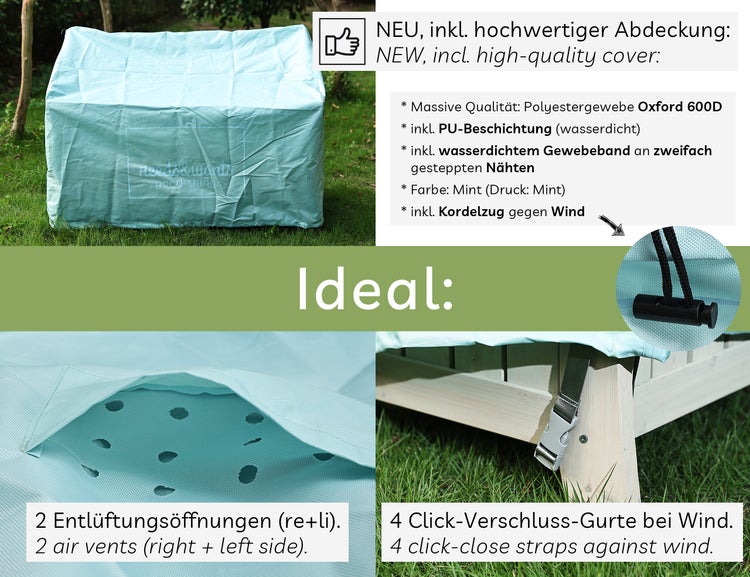 needs&wants® Gartenbank Holz wetterfest mit Stauraum und Abdeckung, 2-Sitzer Truhenbank Holzbank klassisch, Parkbank Sitzbank massiv Garten Outdoor mit Truhe, Naturholz Massivholz, grau-beige