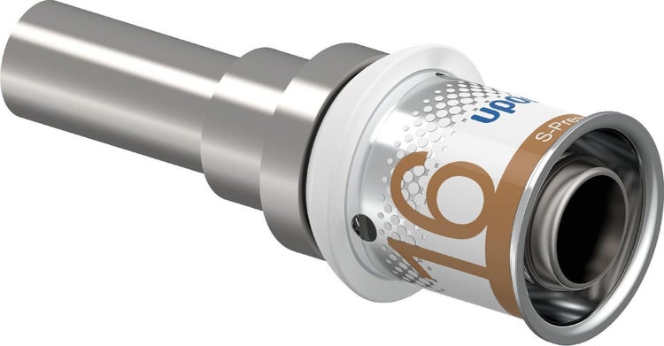 Uponor S-Press PLUS Pressfitting-Adapter, Größe 16 Millimeter, mit Presshülse und Kontrollfenster.